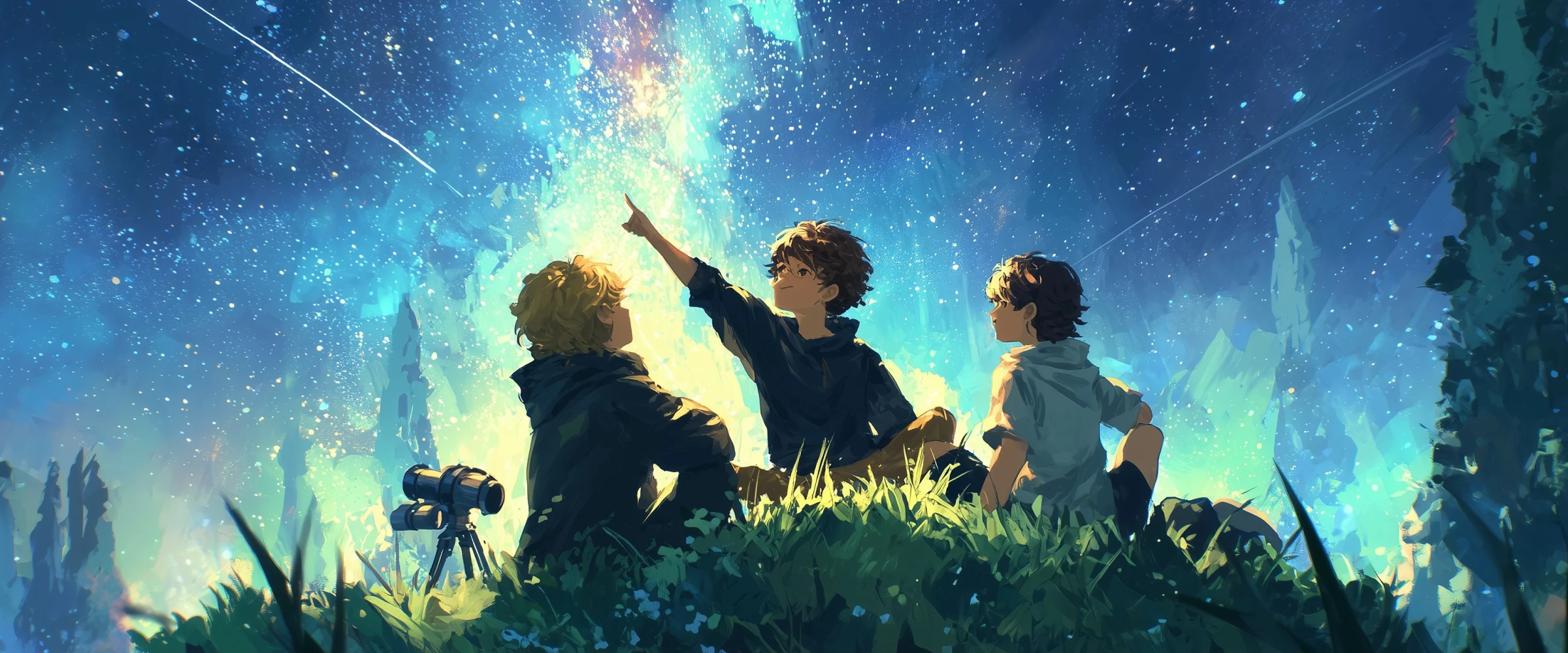 3 children pointing at stars