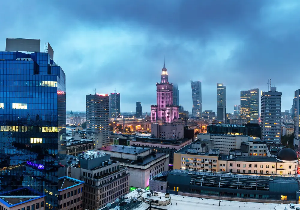 Warsaw, Poland panorama at night